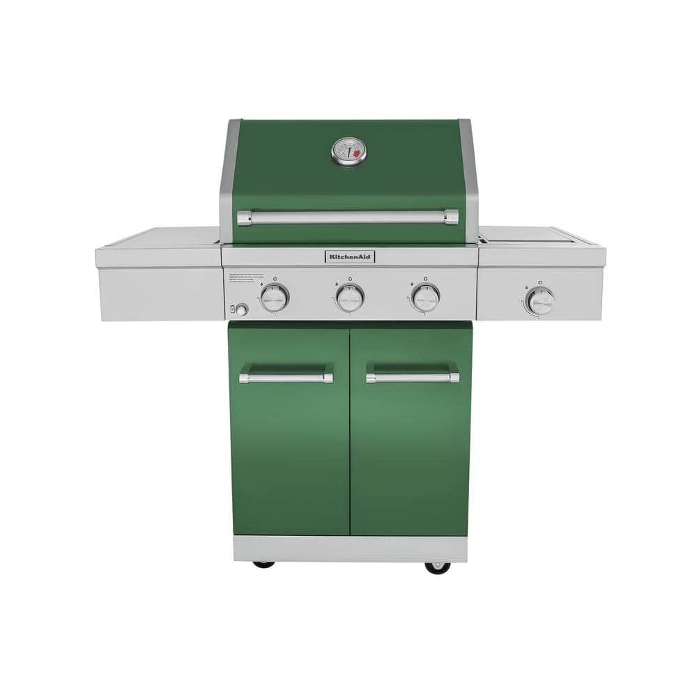 KitchenAid 3-Burner Propane Gas Grill in Green with Ceramic Sear Side Burner -  720-0953E
