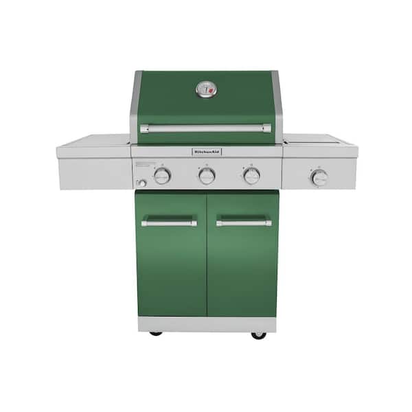 KitchenAid 3-Burner Propane Gas Grill in Green with Ceramic Sear Side Burner