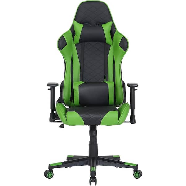 Hanover Black and Green Faux Leather Gaming Chair with Adjustable Gas Lift Seating, Lumbar and Neck Support