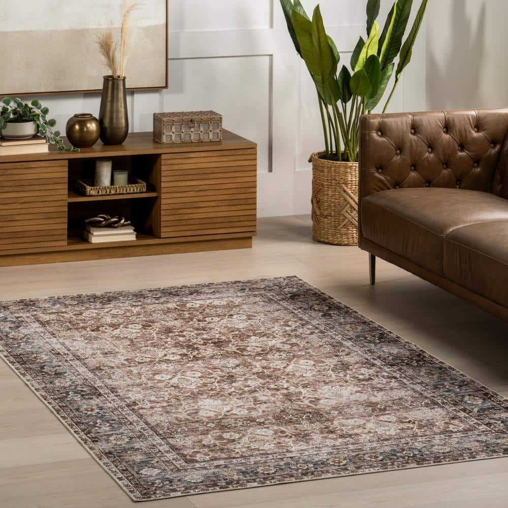Freesia Brown and Blue Floral 8' x 10' Washable Area Rug
