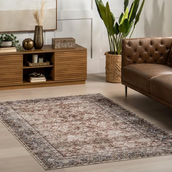 Freesia Faded Floral Spill-Proof Machine Washable Brown 8 ft. x 10 ft. Area Rug