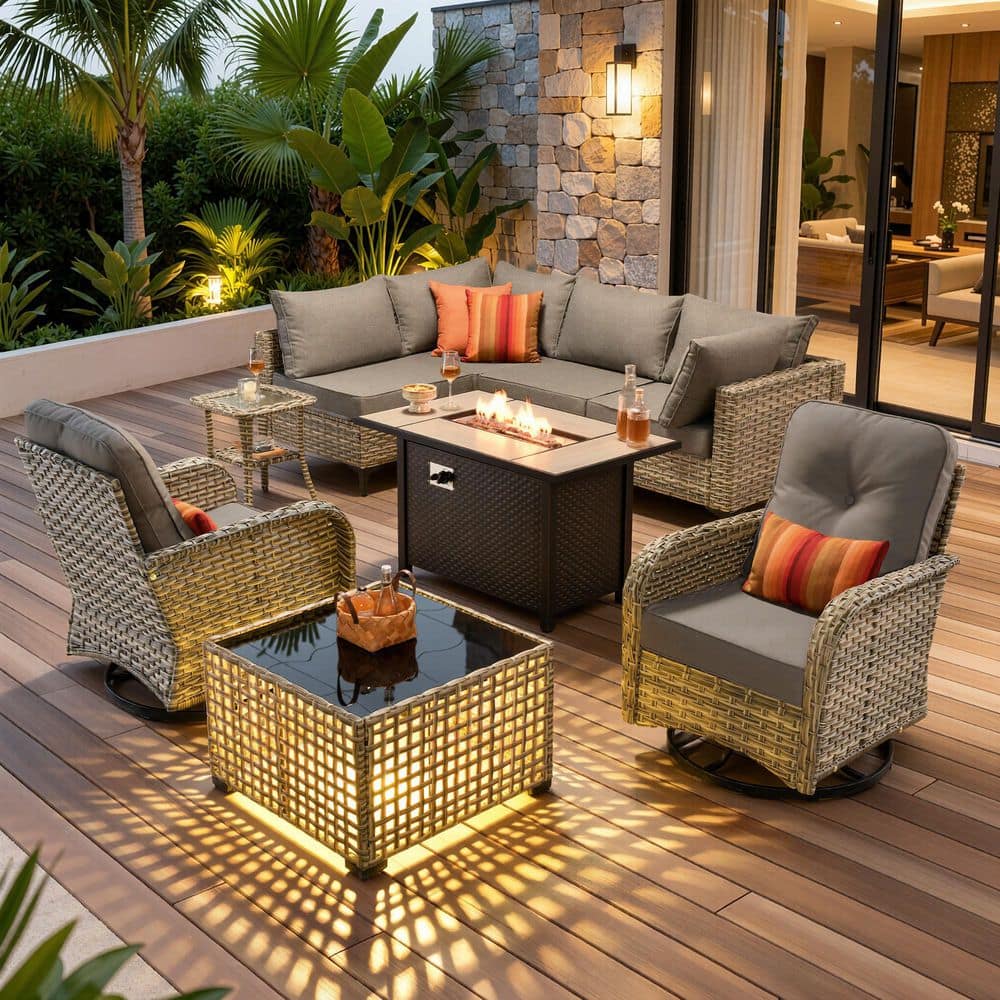 Holly Gray 9-Piece Wicker Patio Rectangle Fire Pit Conversation Set with Dark Gray Cushions and Solar LED Coffee Table