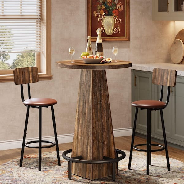 TRIBESIGNS WAY TO ORIGIN Adan Rustic Brown 37.4 in. Bar Height Round Bar Table Bistro Pub Table with Metal Ring Footrest