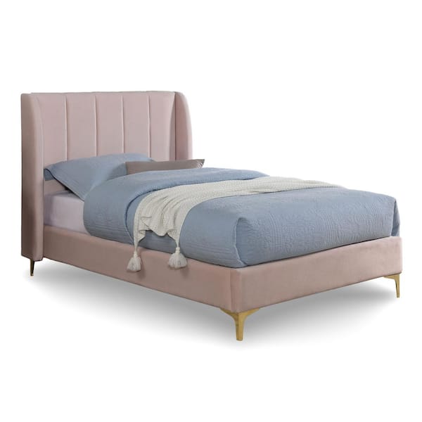 Sandia Crest Light Pink Metal Upholstered Frame Twin Platform Bed with Wing-Back Headboard