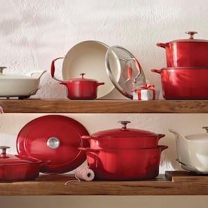 Red Enamel Coated Cast Iron Dutch Oven ·