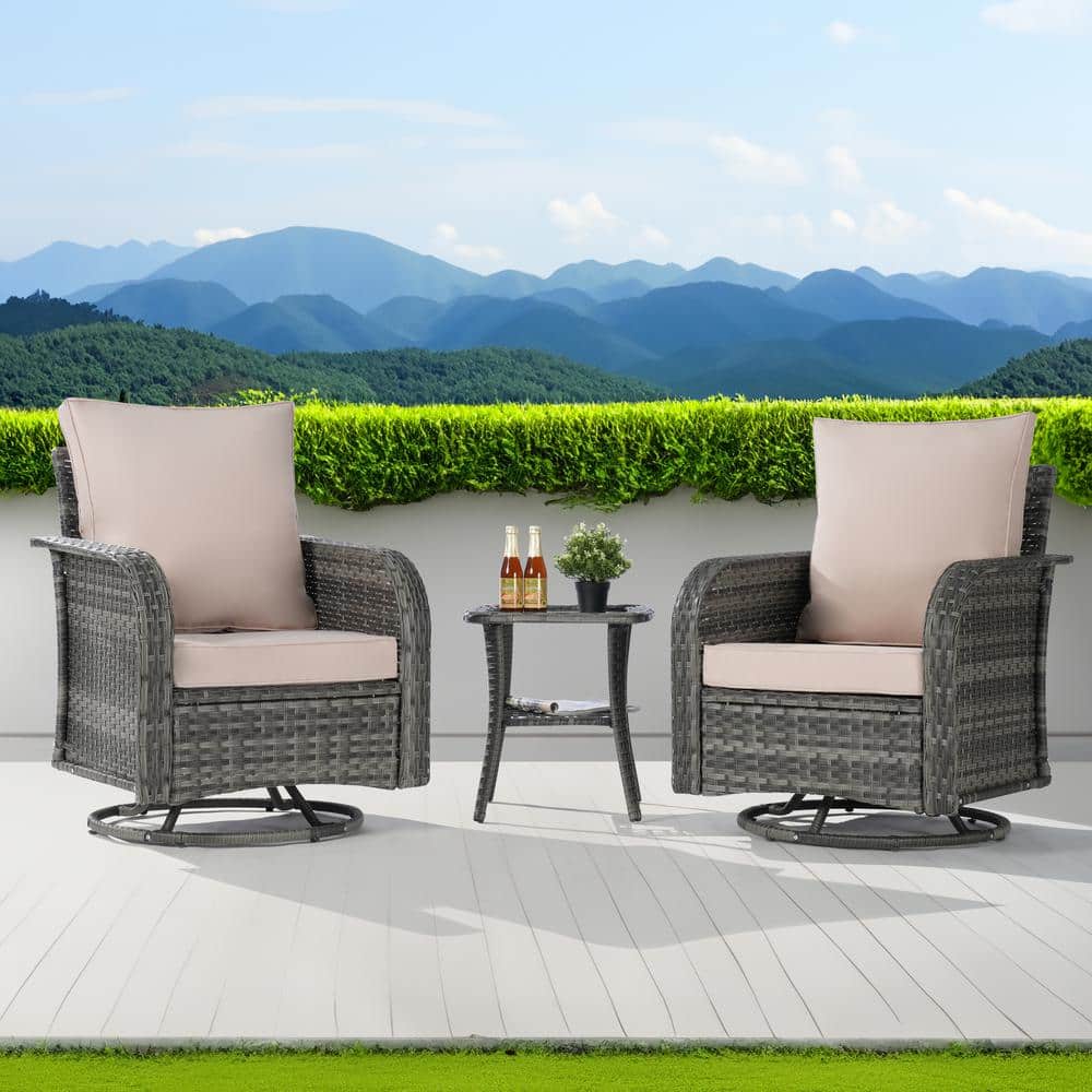 Gray 3-Piece Patio Wicker Swivel Chair Outdoor Bistro Set with Sand Cushion