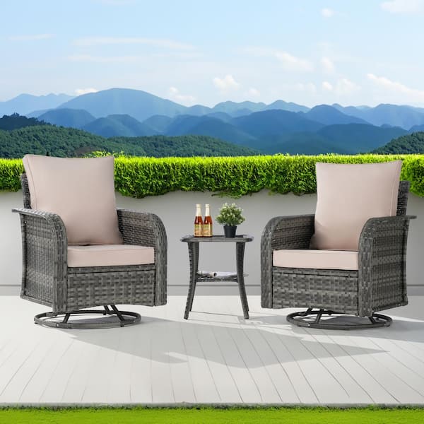 SANSTAR Gray 3-Piece Patio Wicker Swivel Chair Outdoor Bistro Set with Sand Cushion
