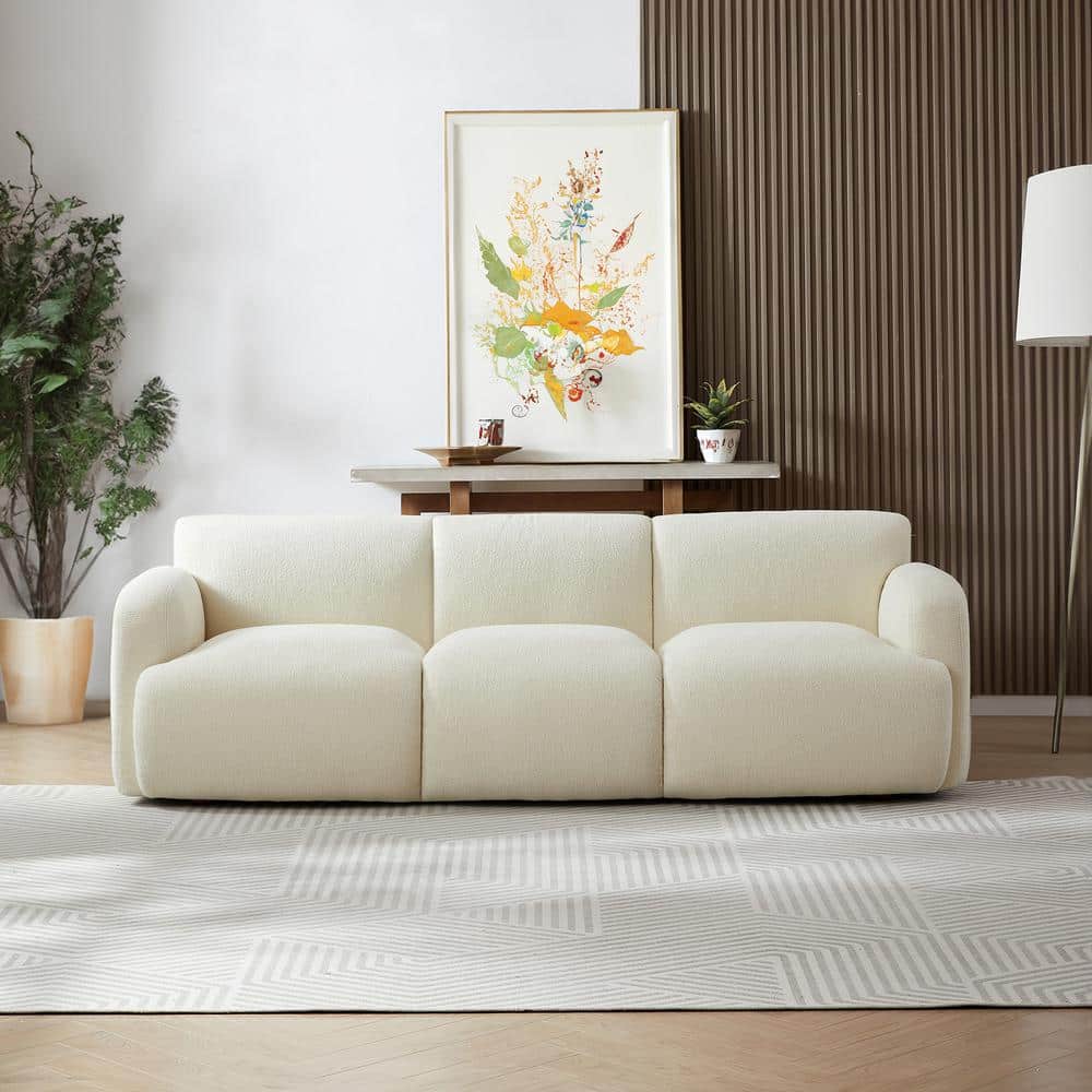 Cream Boucle Fabric Mid-Century Modern 90.6" Sofa with Solid Wood Base