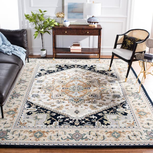 Heritage Beige/Navy 8 ft. x 10 ft. Border Floral Medallion Area Rug