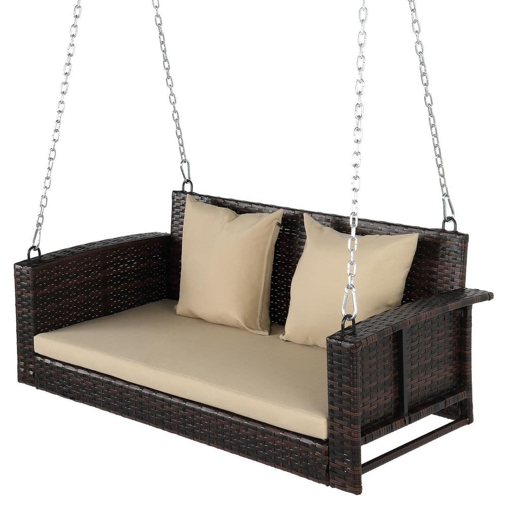 Brown Wicker Steel Porch Swing with Beige Cushions