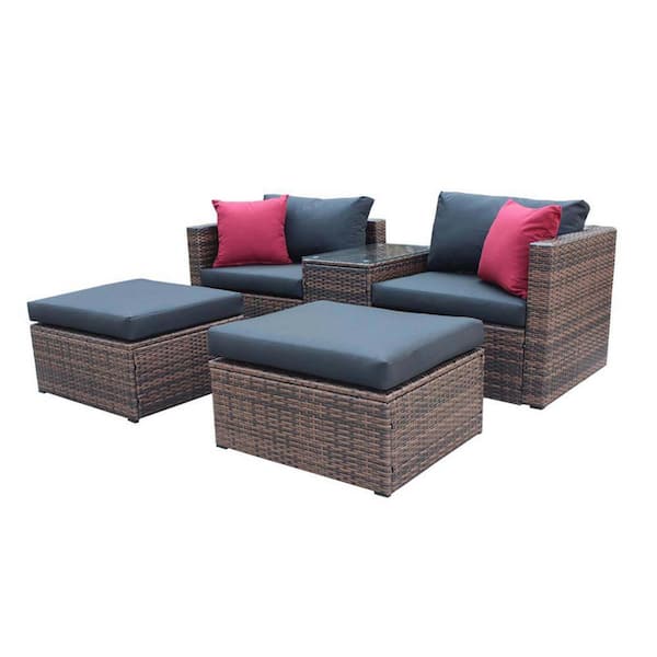 Zeus & Ruta Brown Wicker Outdoor Furniture Sectional Set Patio Conversation Set with Black Cushion and Protecting Cover (5-Piece)