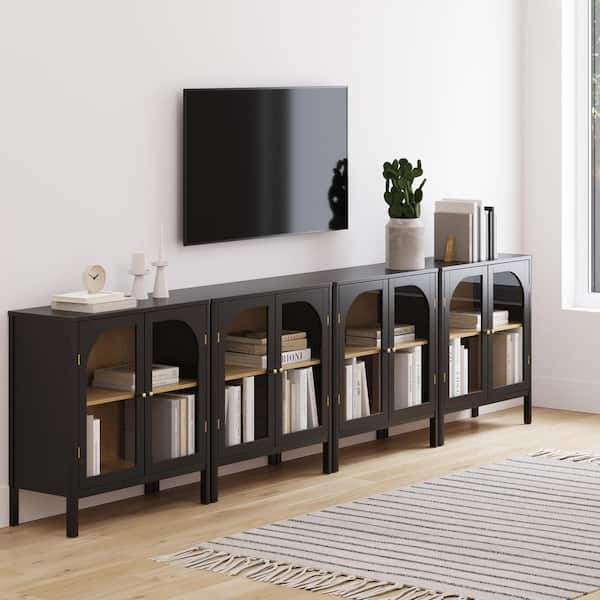 Mason Black 32 in. TV Stand or Accent Cabinet or Sideboard Buffet Storage Cabinet W/ Glass Doors and Adjustable Shelves