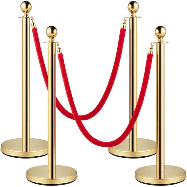 Velvet Ropes and Posts 5 ft. /1.5 m Red Rope Stainless Steel Gold Stanchion with Ball Top Red Barrier 4 pack Sets