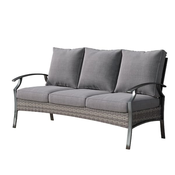 Black Metal Outdoor Patio 3-Seat Sofa Couch with Gray Cushions