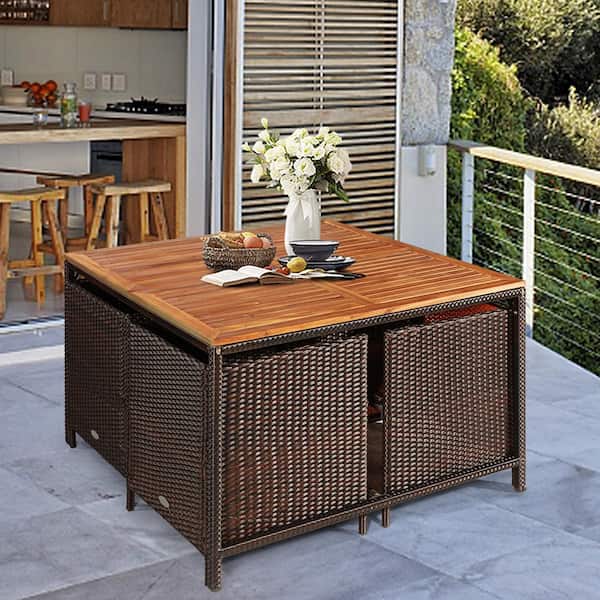 9-Pieces Rattan Wicker Patio Dining Set Outdoor Furniture Set with Turquoise Cushion