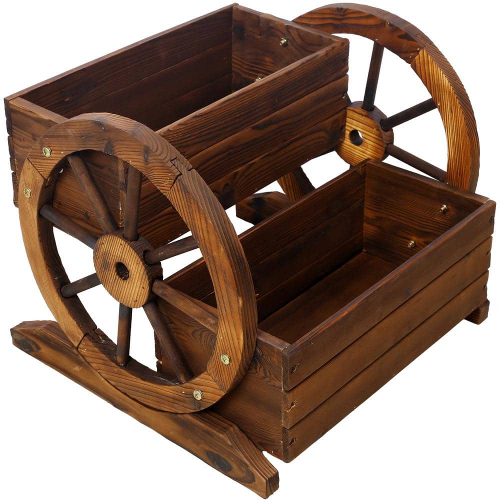Brown Wood Wagon Planter Box, Garden Planter with Wheels, Wooden Flower Cart for Flowers Herbs Vegetables price history on PriceWatchPro