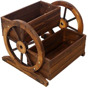 Brown Wood Wagon Planter Box, Garden Planter with Wheels, Wooden Flower Cart for Flowers Herbs Vegetables