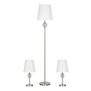 3-Piece Brushed Nickel Transitional Lamp Set (2 Table Lamps, 1 Floor Lamp), LED Bulbs
