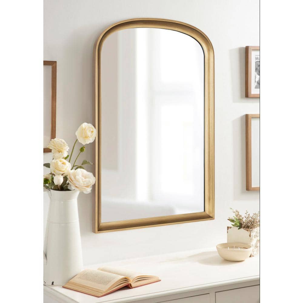 Gold Arched Wooden Wall Mirror with Basket Design, 24" x 36"