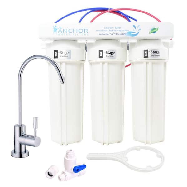 ANCHOR WATER FILTERS 3-Stage Under Counter Water Filtration System with Dual Carbon Blocks and Designer Faucet