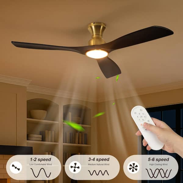 52 in. Indoor Matte Black Gold Brushed Low Profile Standard 3 Colors LED Flush Mount Ceiling Fan with Light Kit