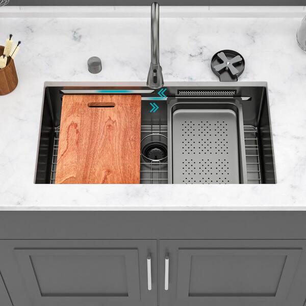 33 in. Undermount Single Bowl 16-Gauge Gunmetal Black Stainless Steel Kitchen Sink with Workstation