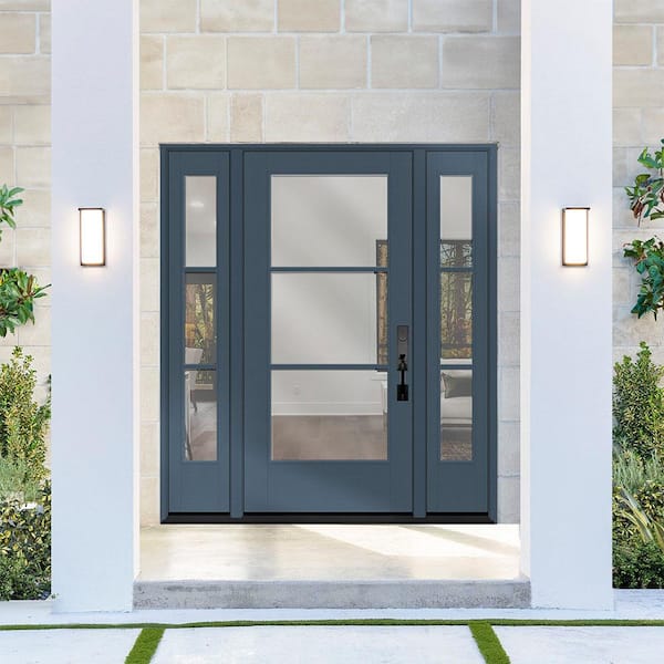 Legacy 64 in. x 80 in. Icon 3-Lite Modern Clear Glass LHIS D.Denim Mahogany Fiberglass Prehung Front Door Dbl 12 in. SL