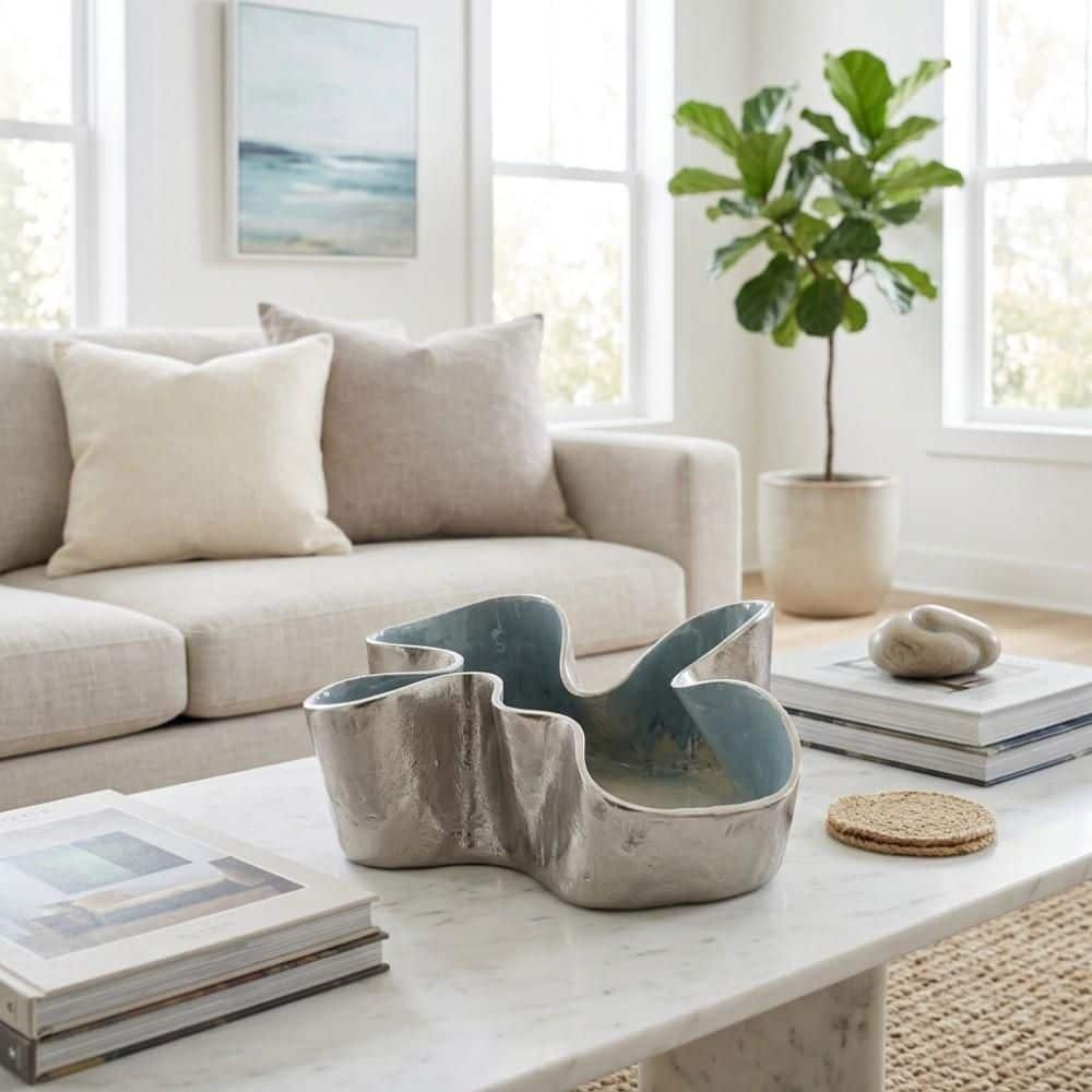 12 in. Ivory/Blue Abstract Metal Decorative Bowl price history on PriceWatchPro