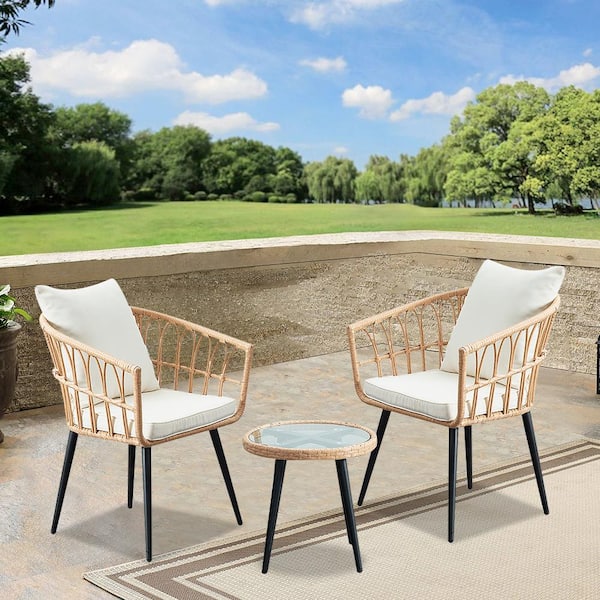 Unbranded 3-Piece PE Wicker Patio Outdoor Bistro Set with Beige Cushions