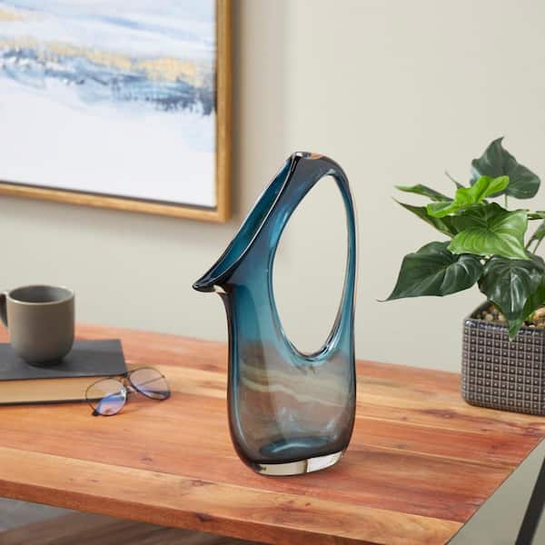 Litton Lane Blue Ombre Glass Abstract Decorative Vase with Cutout Handle and Elongated Opening