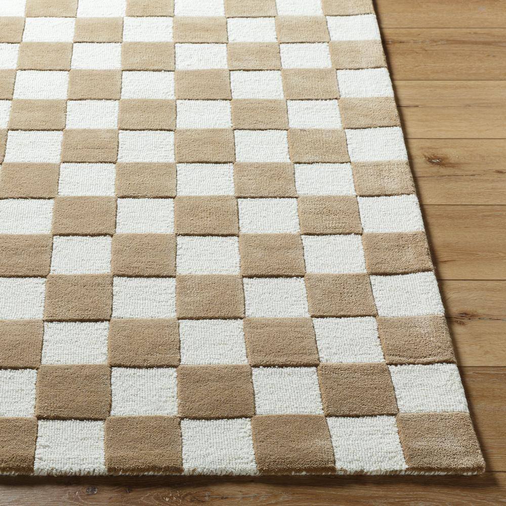 Tan and White Hand Tufted Wool Checkered Area Rug 8' x 10'