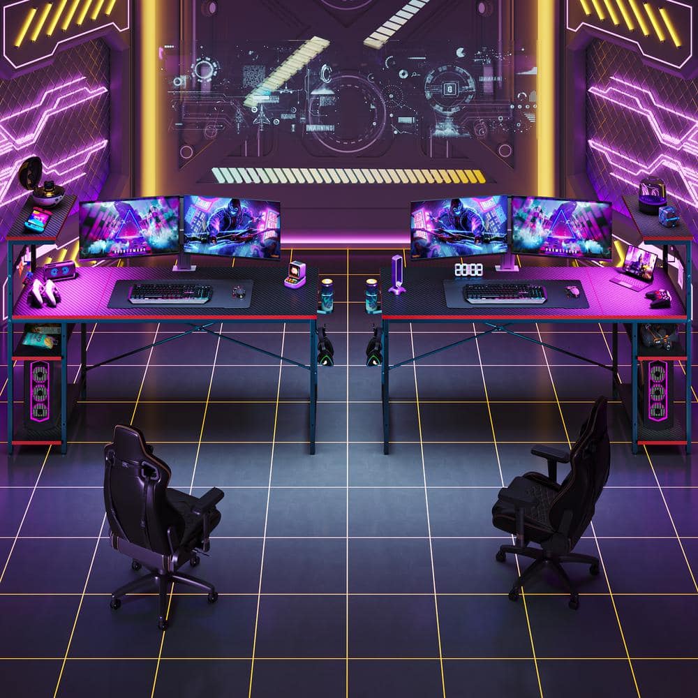 Bestier 61 Inch Black Carbon Fiber Gaming Desk with Shelves