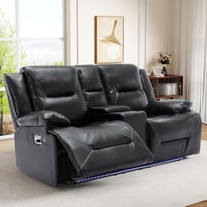 Black 71.6 in. Home Theater Manual Recliner 2-Seater Loveseat with LED Light Strip, Cup Holders and Storage Box