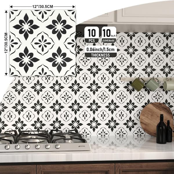 Black 12 in. x 12 in. Vinyl Peel and Stick Backsplash, Self-Adhesive Wall Tile for Kitchen Bathroom (10 sq. ft./10-Pack)