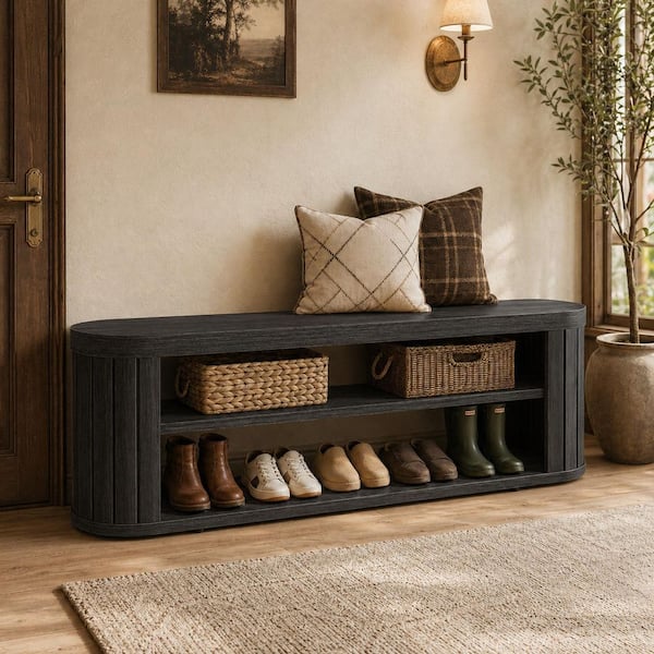 17.7 in. H x 47.2 in. W Black Wood Shoe Storage Bench with 3-Tier Storage and Adjustable Foot Pads for Entryway, Hallway