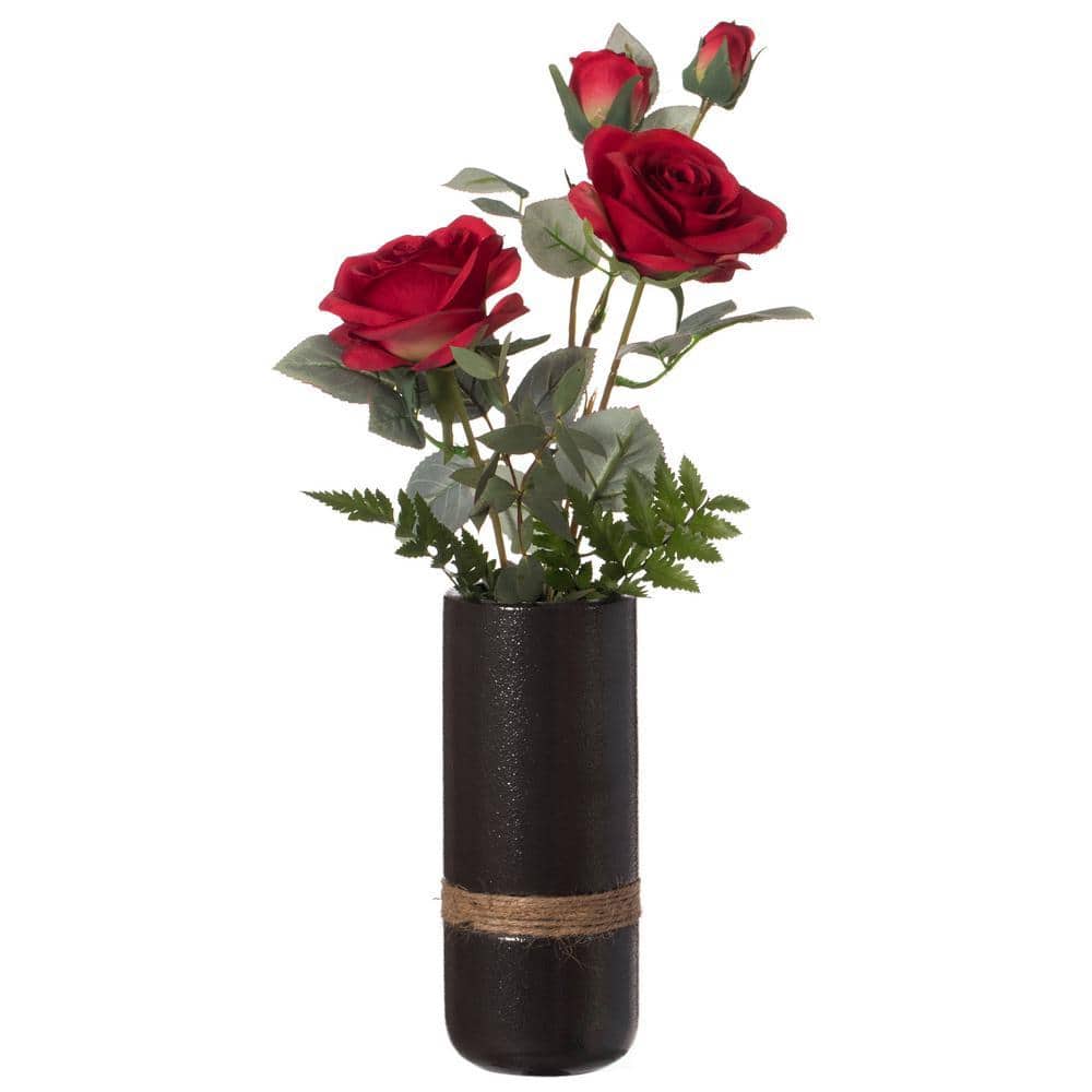 Uniquewise 8 in. Black Decorative Modern Ceramic Cylinder Shape Table Vase Flower Holder with Rope