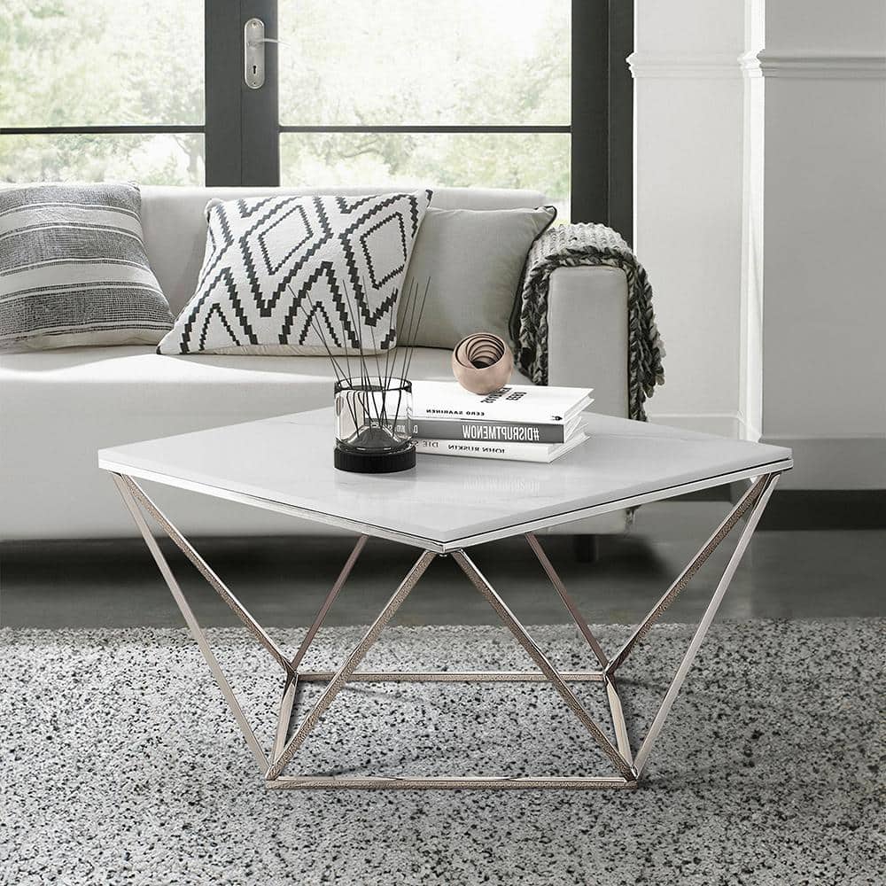 31.5" White and Silver Steel Coffee Table with Stone Top