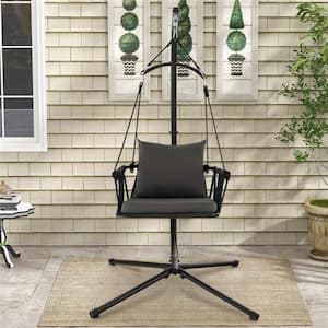 1-Person Black Metal Patio Swing with Stand Woven Backrest Seat Cushions