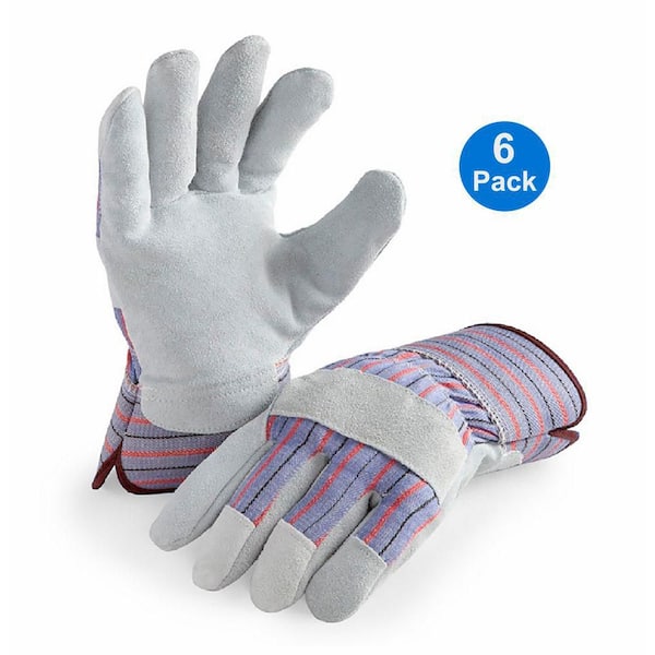 Leather Palm Work Gloves, Safety Cuff, 6 Pair Value Pack