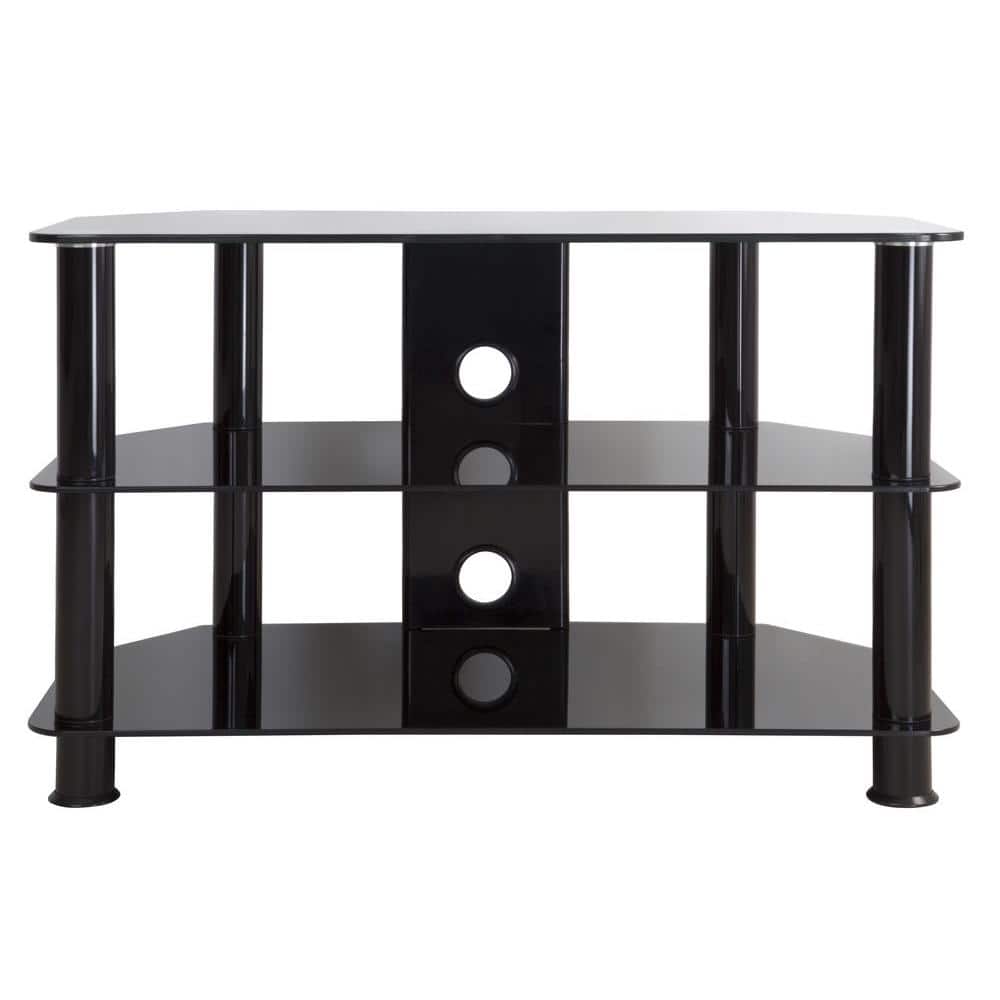 Sleek Black Stainless Steel and Tempered Glass Corner TV Stand