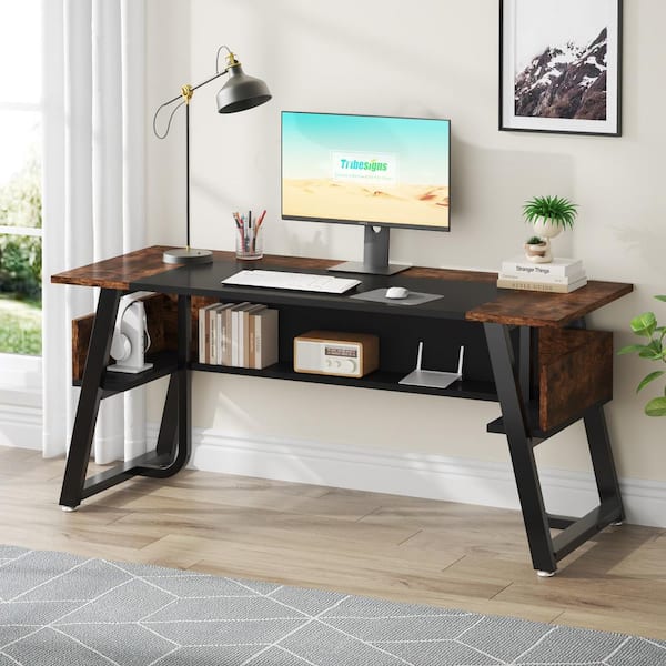 BYBLIGHT Moronia 63 in. Rectangular Black and Brown Wood Open Drawer  Executive Office Desk with Bottom Storage Shelves RMBB-YS0005 - The Home  Depot