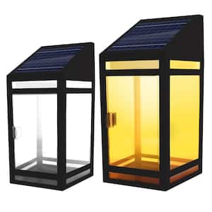 Black Solar LED Outdoor Wall Lantern Clear Panel Sconce with Amber or White Light