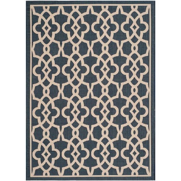 Courtyard Navy/Beige 8 ft. x 11 ft. Border Indoor/Outdoor Patio  Area Rug