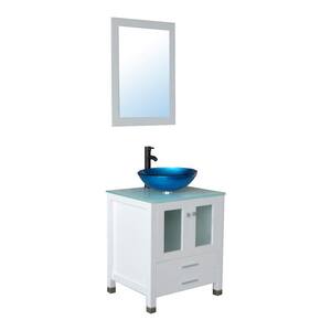21.7 in. W x 24.4 in. D x 29.5 in. H Single Sink Bath Vanity in White Cabinet with Green Glass Top and Mirror