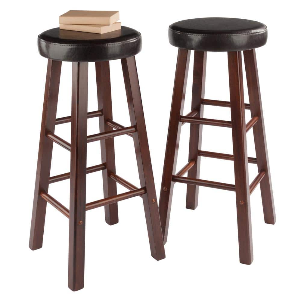 Transitional Walnut Brown Wood Bar Stool with Espresso Cushion, 30"