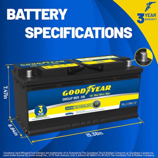 Goodyear 95R-H9-AGM BCI Group Size 95R 12-Volt 100 AH, 190RC, 950