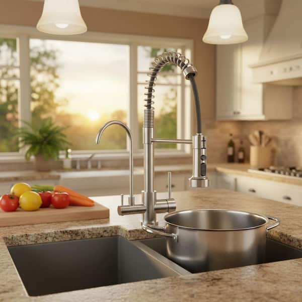 17.5 in. Double Handle Pull Down Spray Kitchen Faucet with Drinking Water Filter and 360° Spout in Brushed Nickel