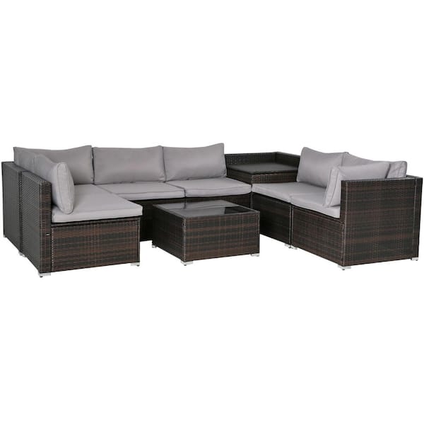 EPIPHANY DOUBLED INC 8-Piece Gray Wicker Outdoor Sofa Sectional Set with Brown Cushions Glass Coffee Table and Corner Storage Box