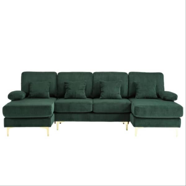 104 in. 4-piece U-Shape Modern Corduroy Upholstered Sectional Sofa with Double Chaises and Lighting System in. Emerald