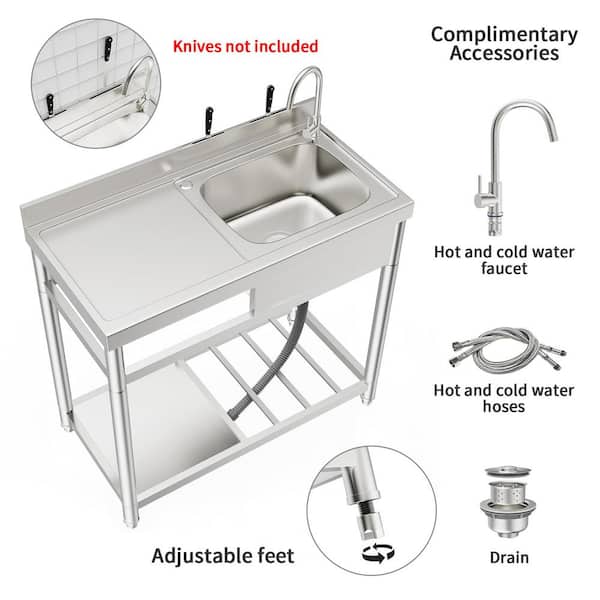 Free Standing Stainless-Steel Single Bowl Commercial Restaurant Kitchen  Sink Set w/Faucet & Drainboard, Prep & Utility Washing Hand Basin  w/Workbench